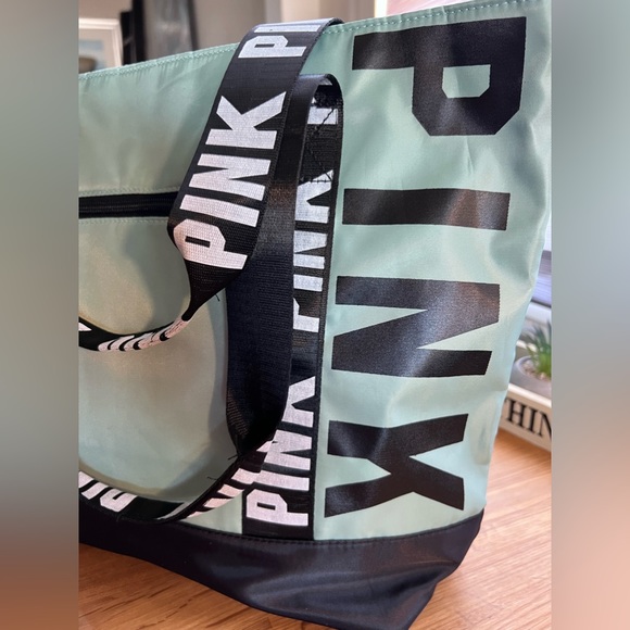 Pink by Victoria’s Secret, letter graphic tote bag, mint green & black, NWOT - Picture 6 of 12